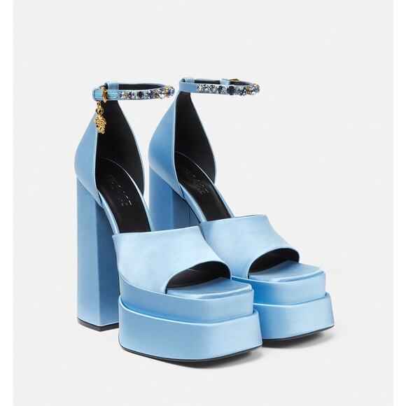 NIB Versace Aevitas 38.5 US 8.5 Platform Sandals Satin Crystal Light Blue $1,475 - Picture 1 of 9
